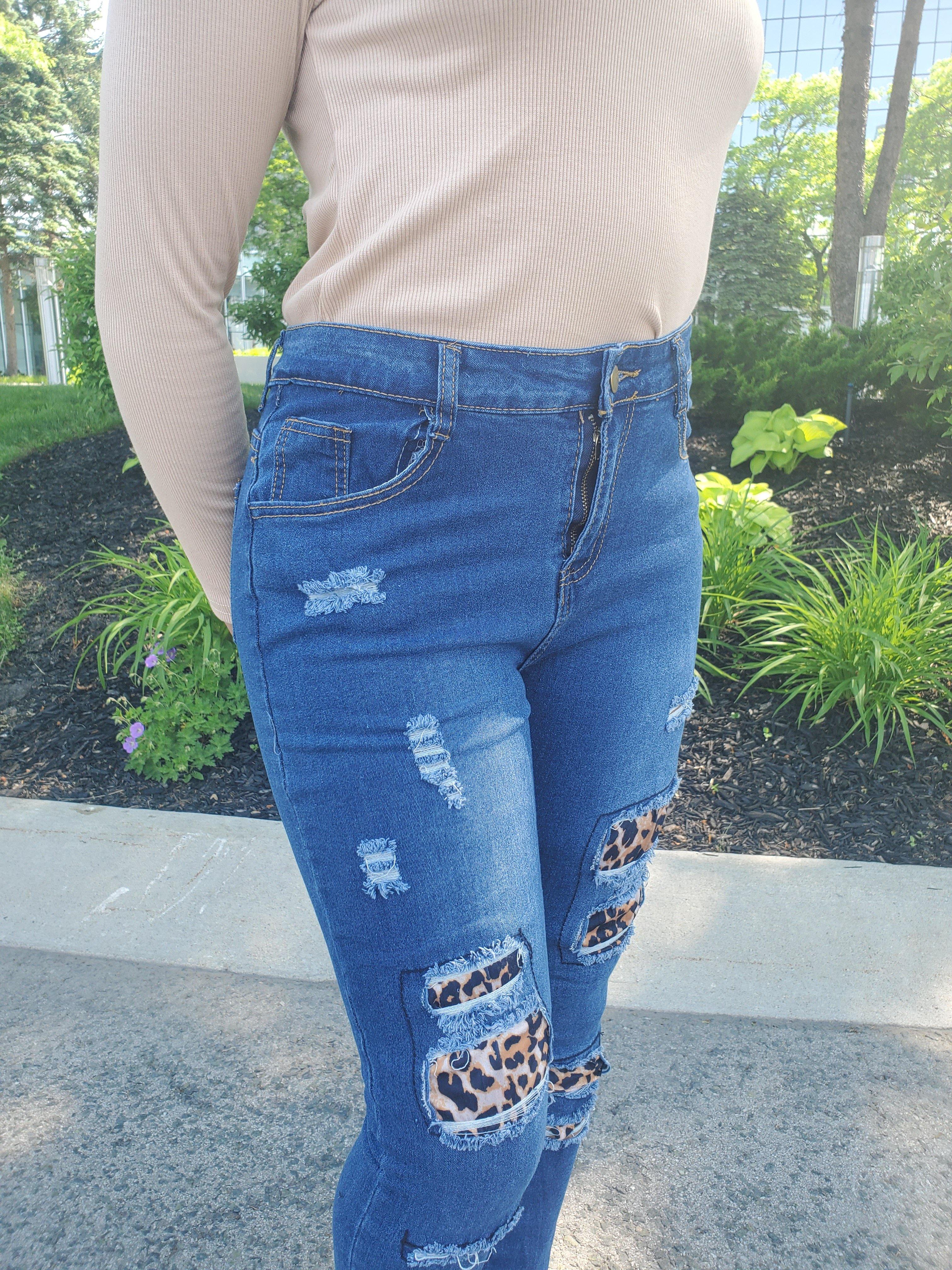 Leopard Print Patch Elastic Feet  Blue Jeans - Samarlie