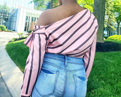 Gorgeous Slanted Shoulder Strap Striped Blouse - Samarlie