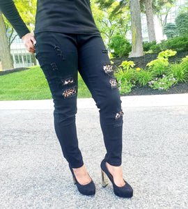 Leopard Print Patch Elastic Feet  Black Jeans