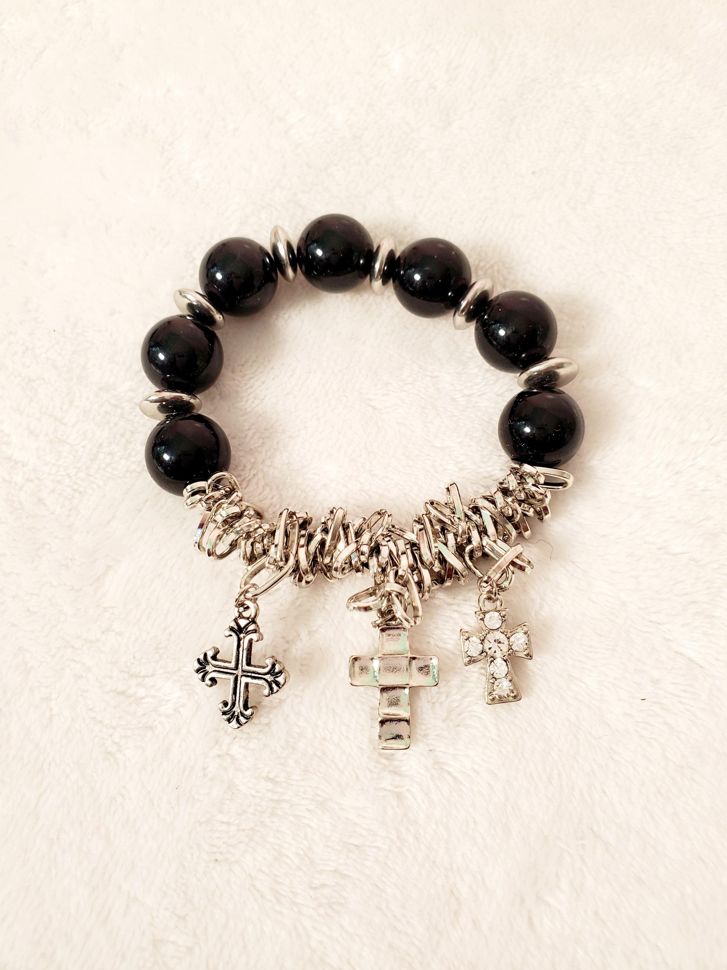 Black Beaded Cross Charm Bracelet - Samarlie