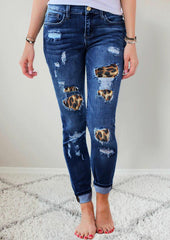 Leopard Print Patch Elastic Feet  Blue Jeans - Samarlie