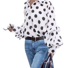 Large White Polka Dots Button Down Blouse - Samarlie