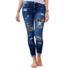 Leopard Print Patch Elastic Feet  Black Jeans - Samarlie