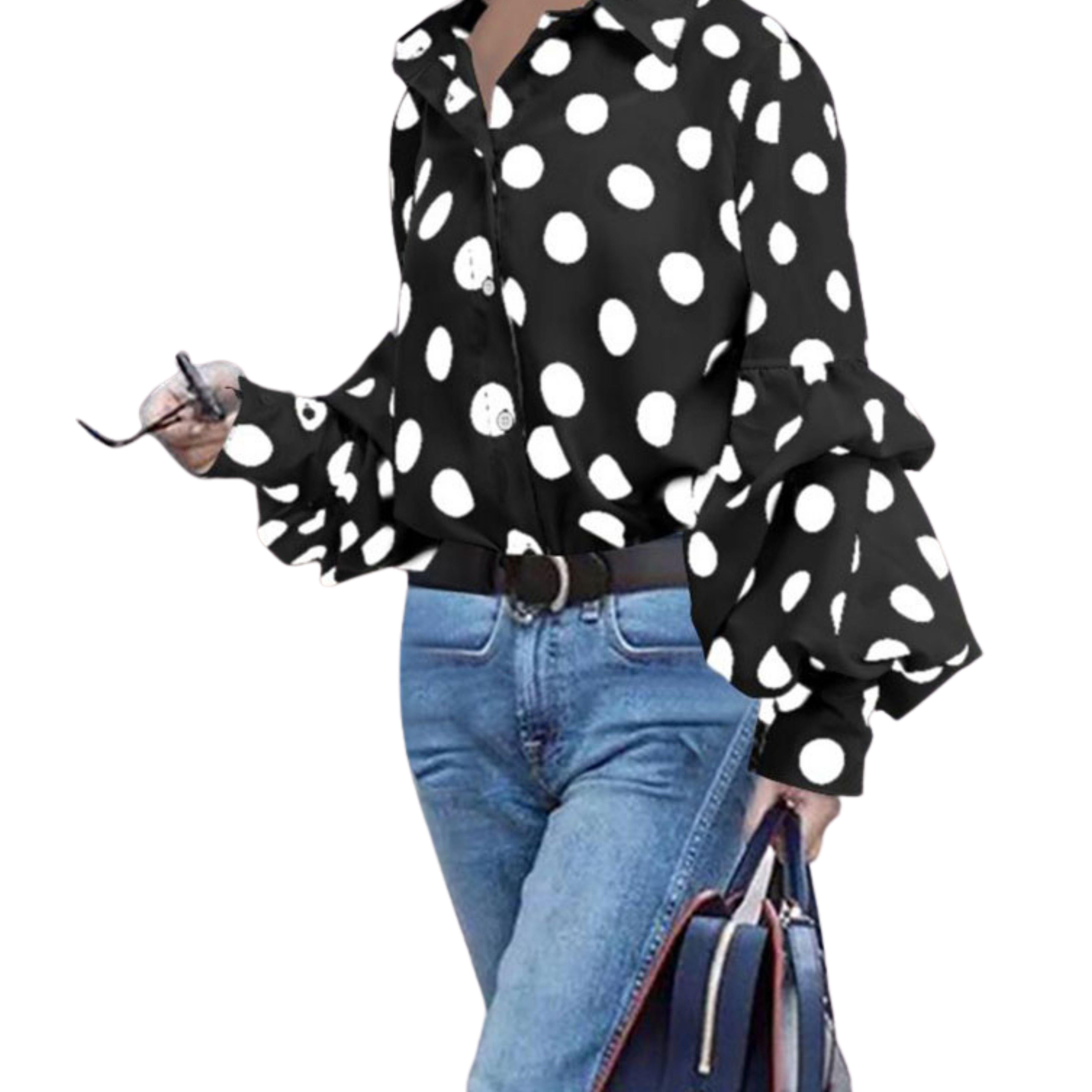 Large White Polka Dots Button Down Blouse - Samarlie