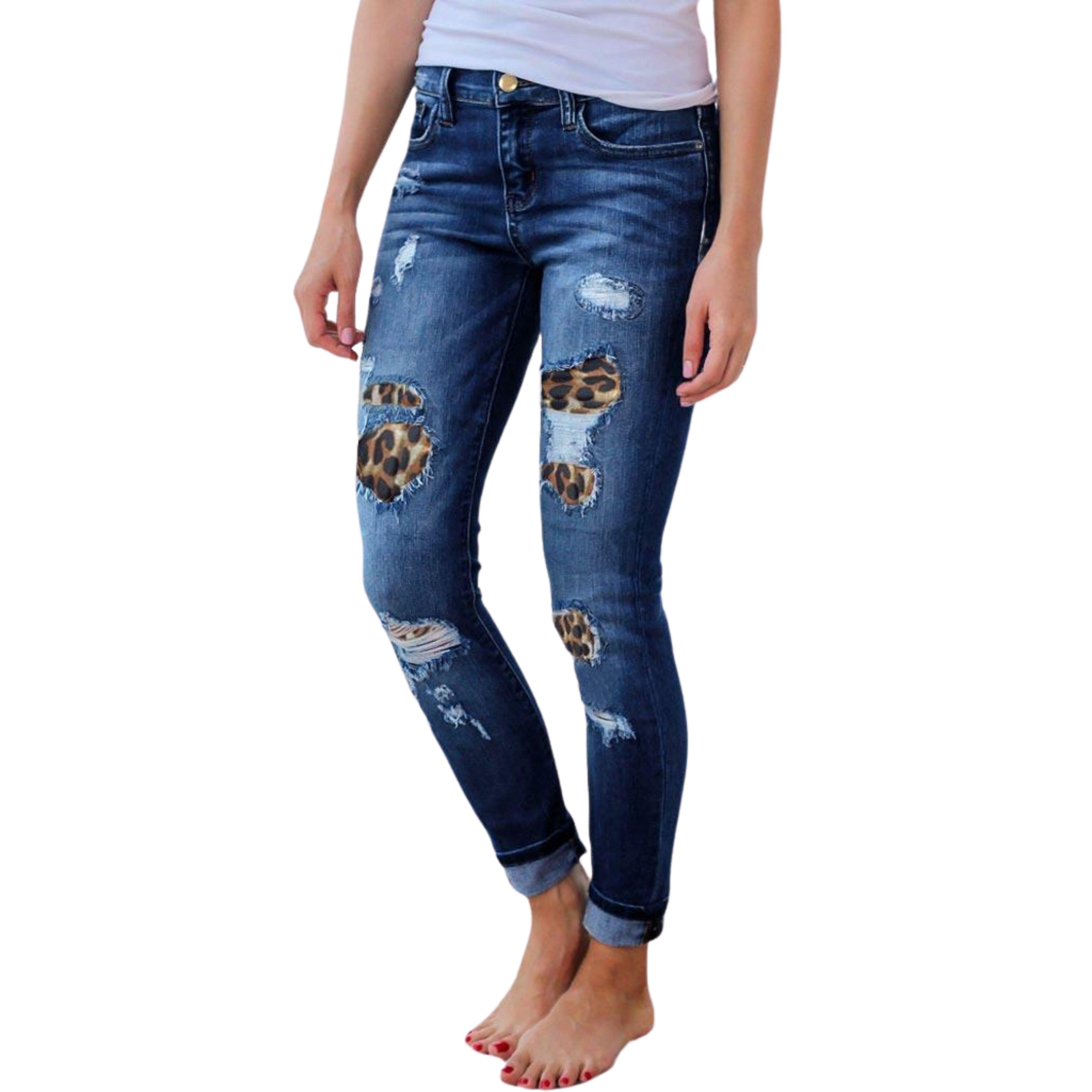 Leopard Print Patch Elastic Feet  Blue Jeans - Samarlie