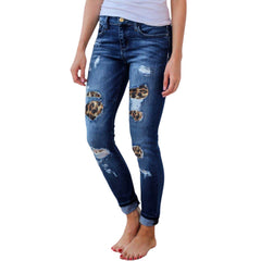 Leopard Print Patch Elastic Feet  Blue Jeans - Samarlie