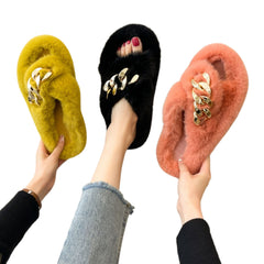 Yellow Metal Chain Cross Bands Plush Slippers