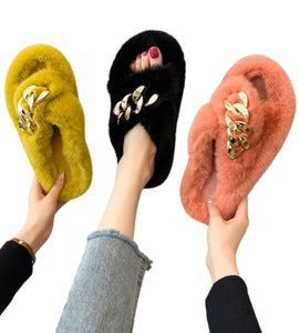 Black Metal Chain Cross Bands Plush Slippers