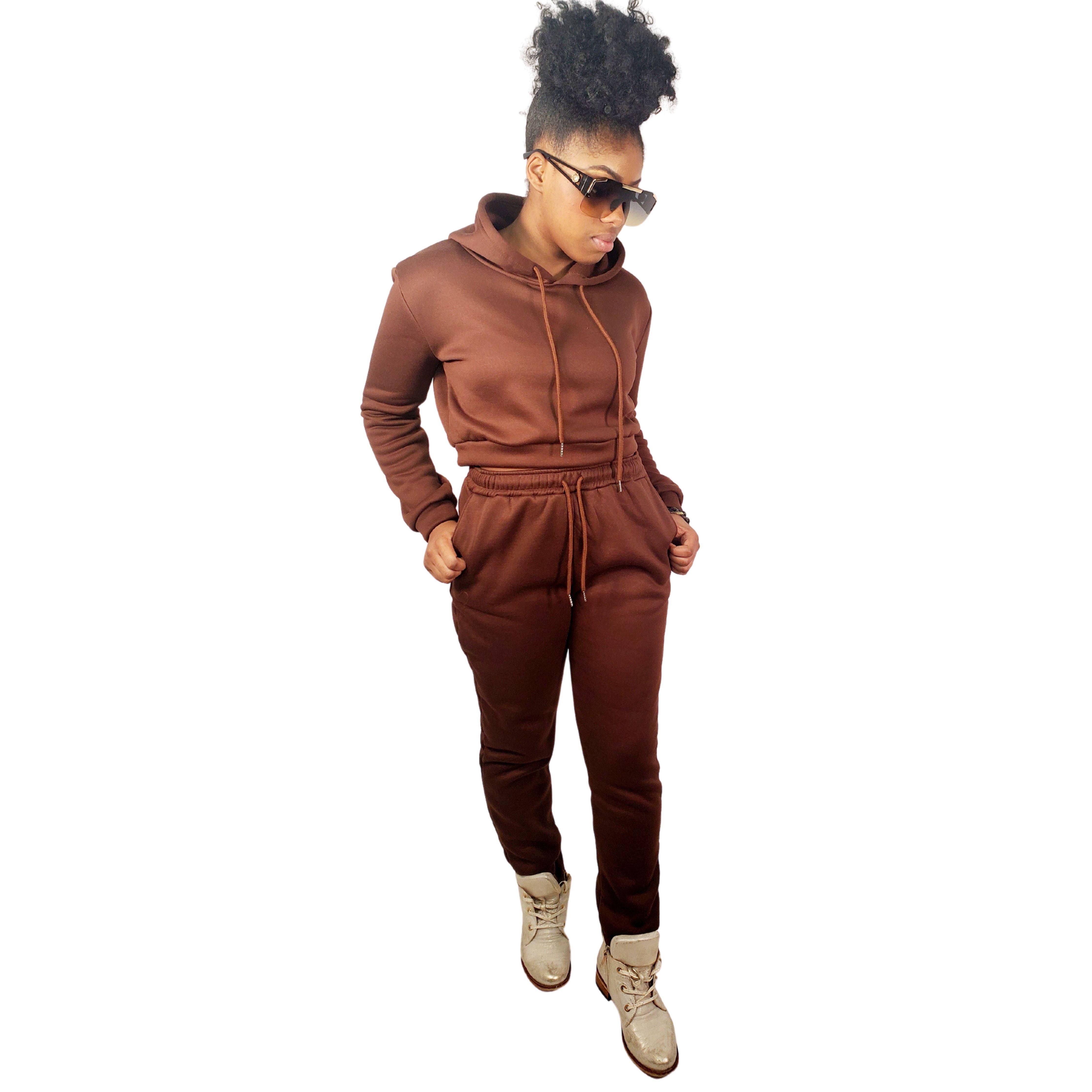 Brown Drawstrings Crop Hoodie & Sweatpants