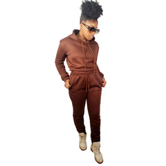 Brown Drawstrings Crop Hoodie & Sweatpants