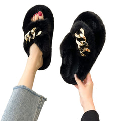 Black Metal Chain Cross Bands Plush Slippers