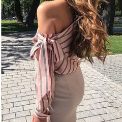 Gorgeous Slanted Shoulder Strap Striped Blouse - Samarlie