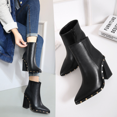 Rivet decoration pointed thick heel ankle boots