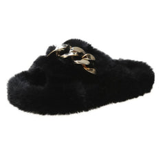 Black Metal Chain Cross Bands Plush Slippers