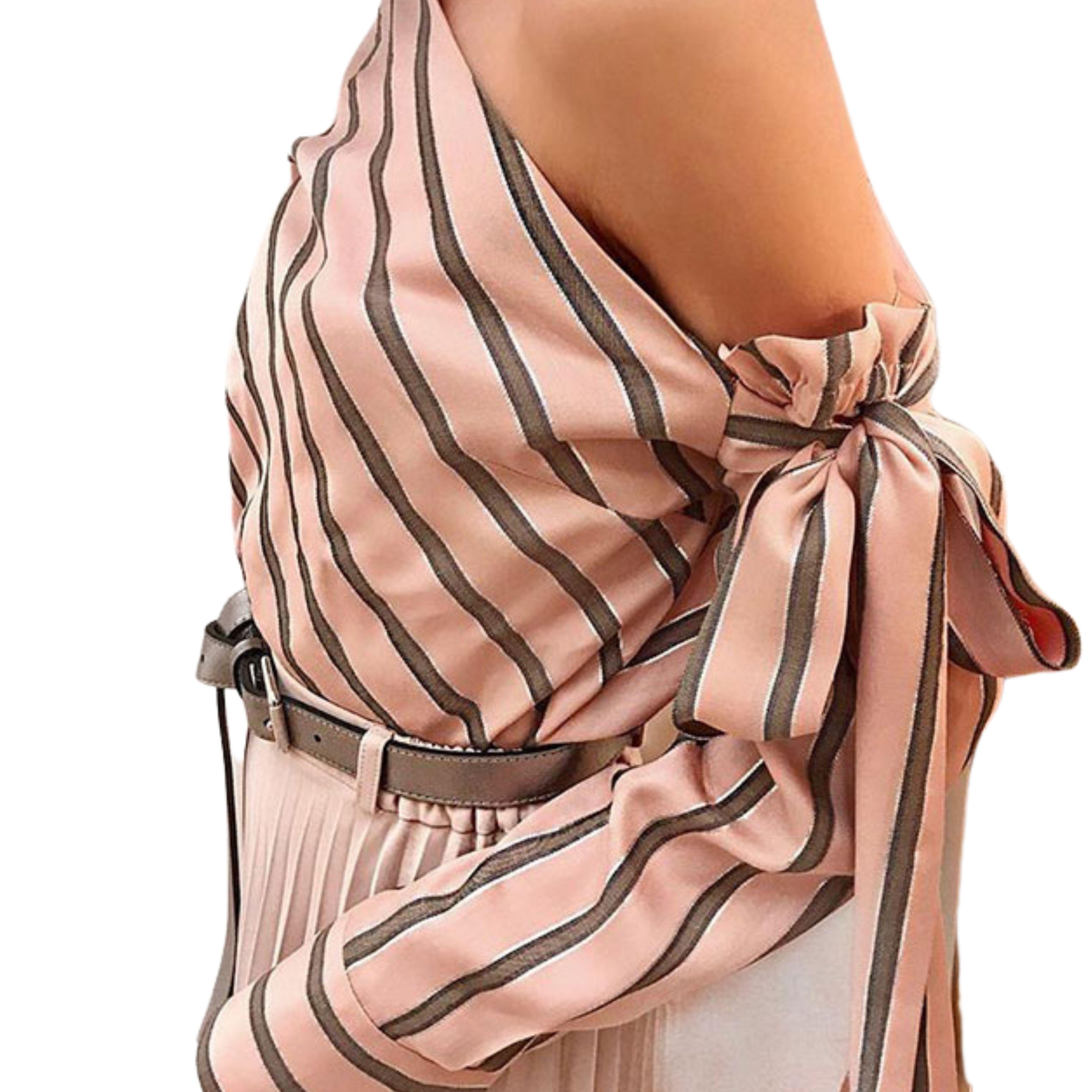 Gorgeous Slanted Shoulder Strap Striped Blouse - Samarlie