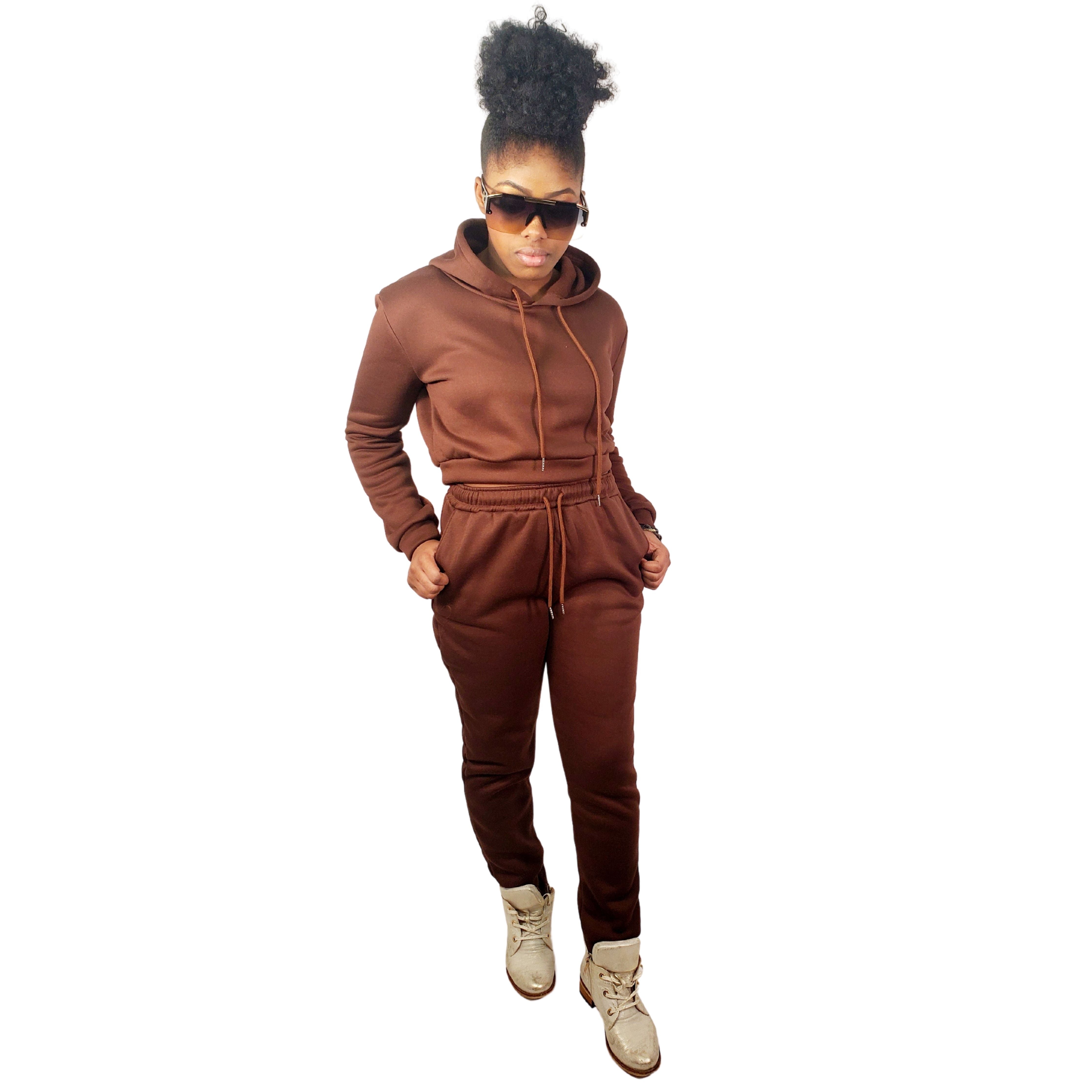 Brown Drawstrings Crop Hoodie & Sweatpants