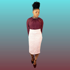 Burgundy Elegant Floral Lace Pencil Skirt