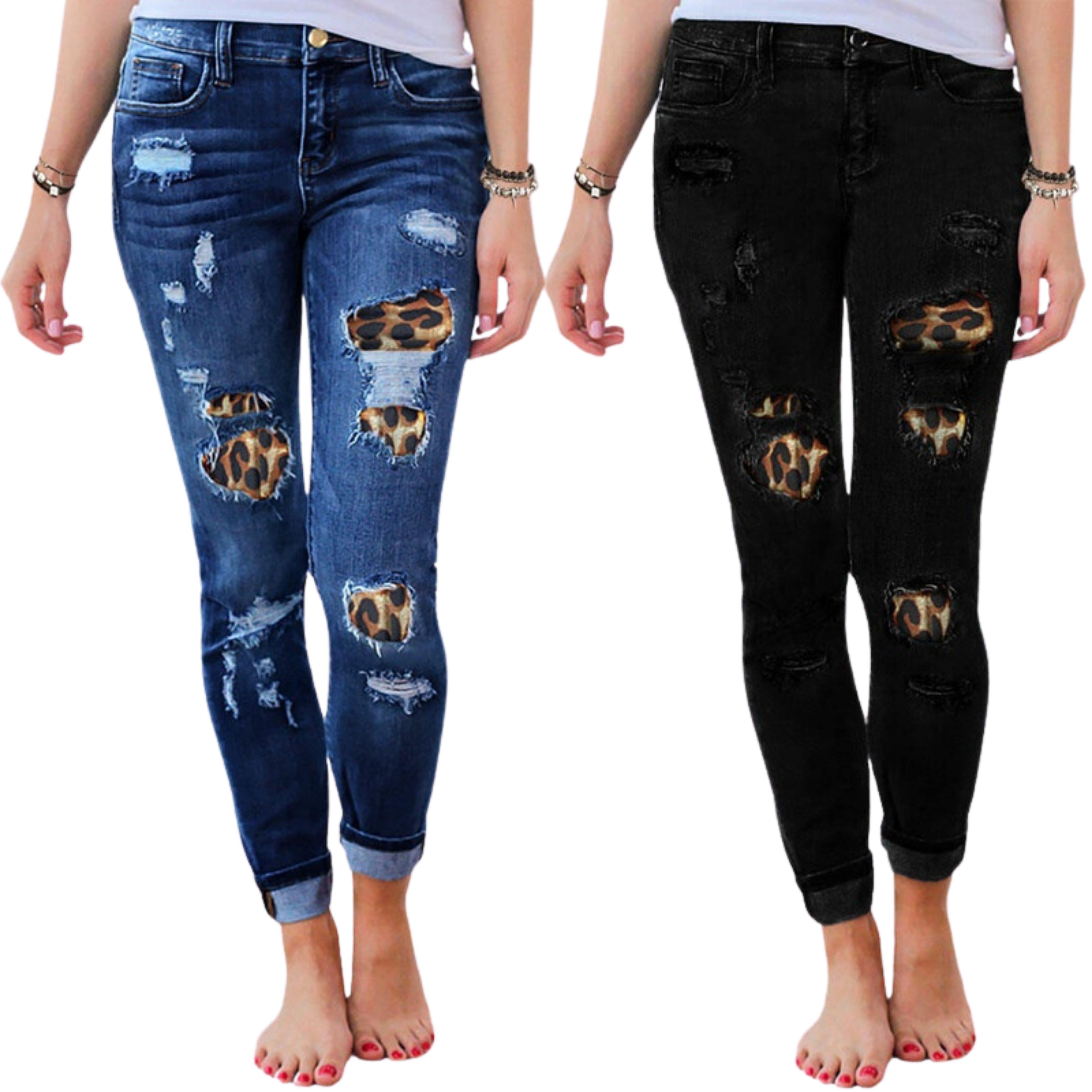 Leopard Print Patch Elastic Feet  Black Jeans - Samarlie