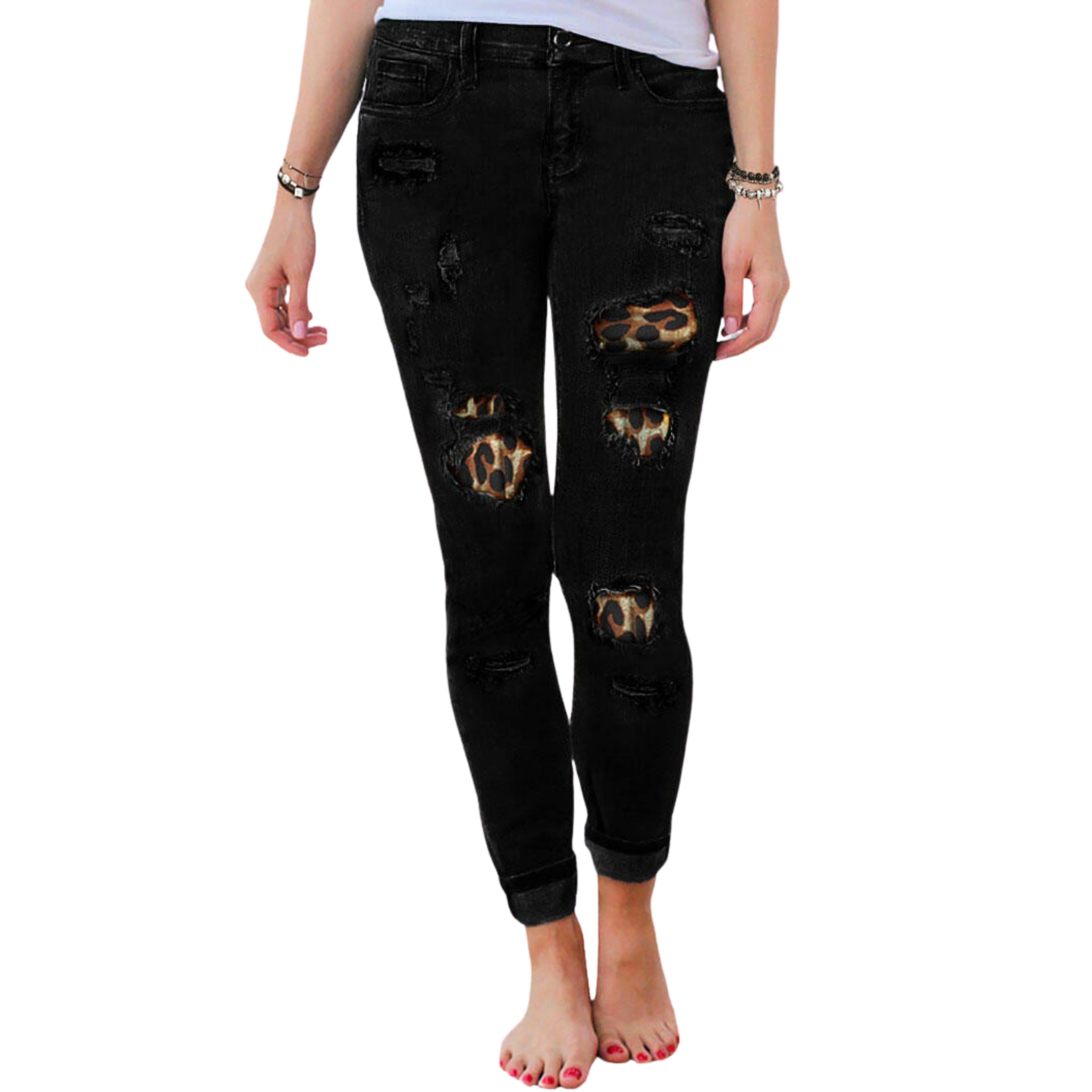 Leopard Print Patch Elastic Feet  Black Jeans - Samarlie