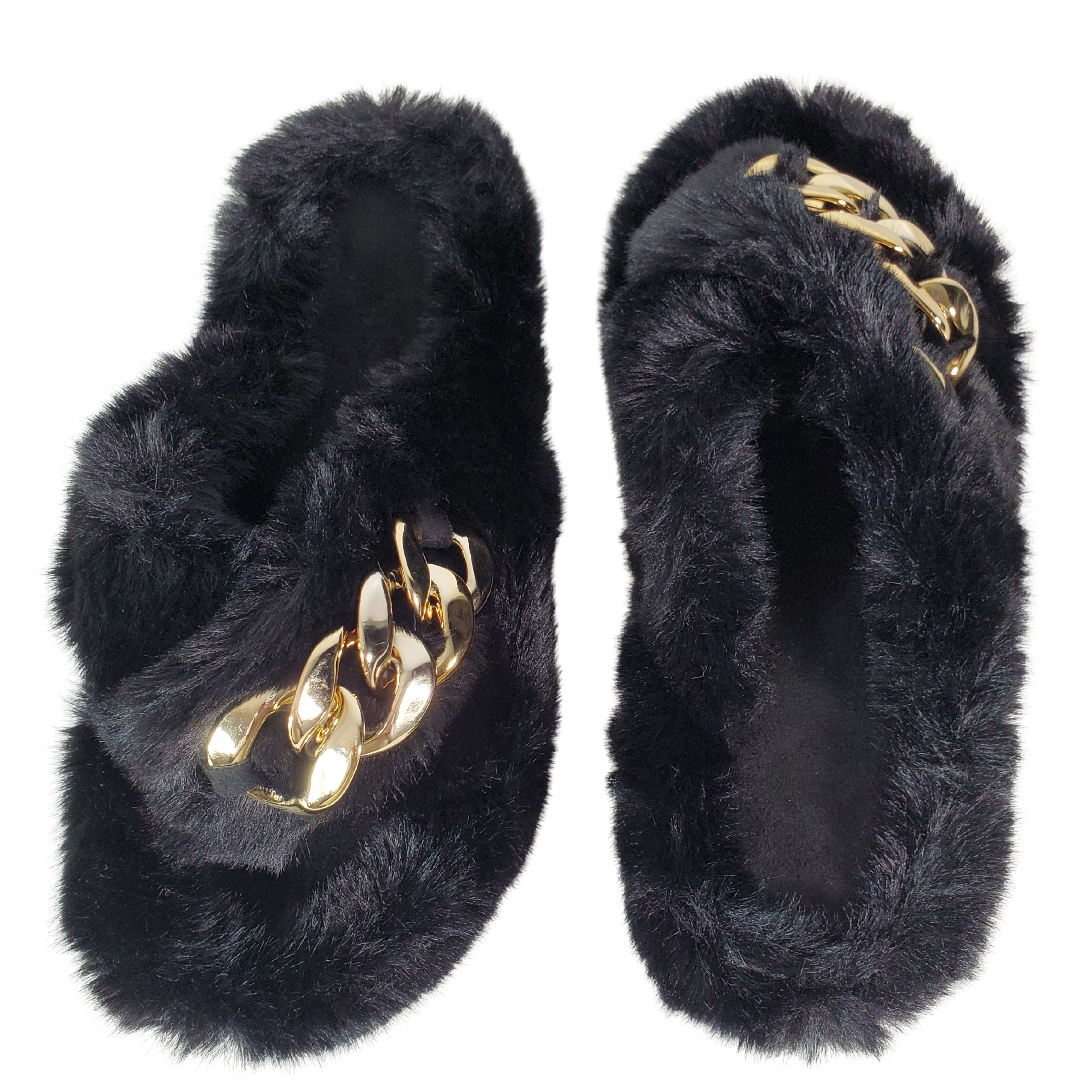 Black Metal Chain Cross Bands Plush Slippers