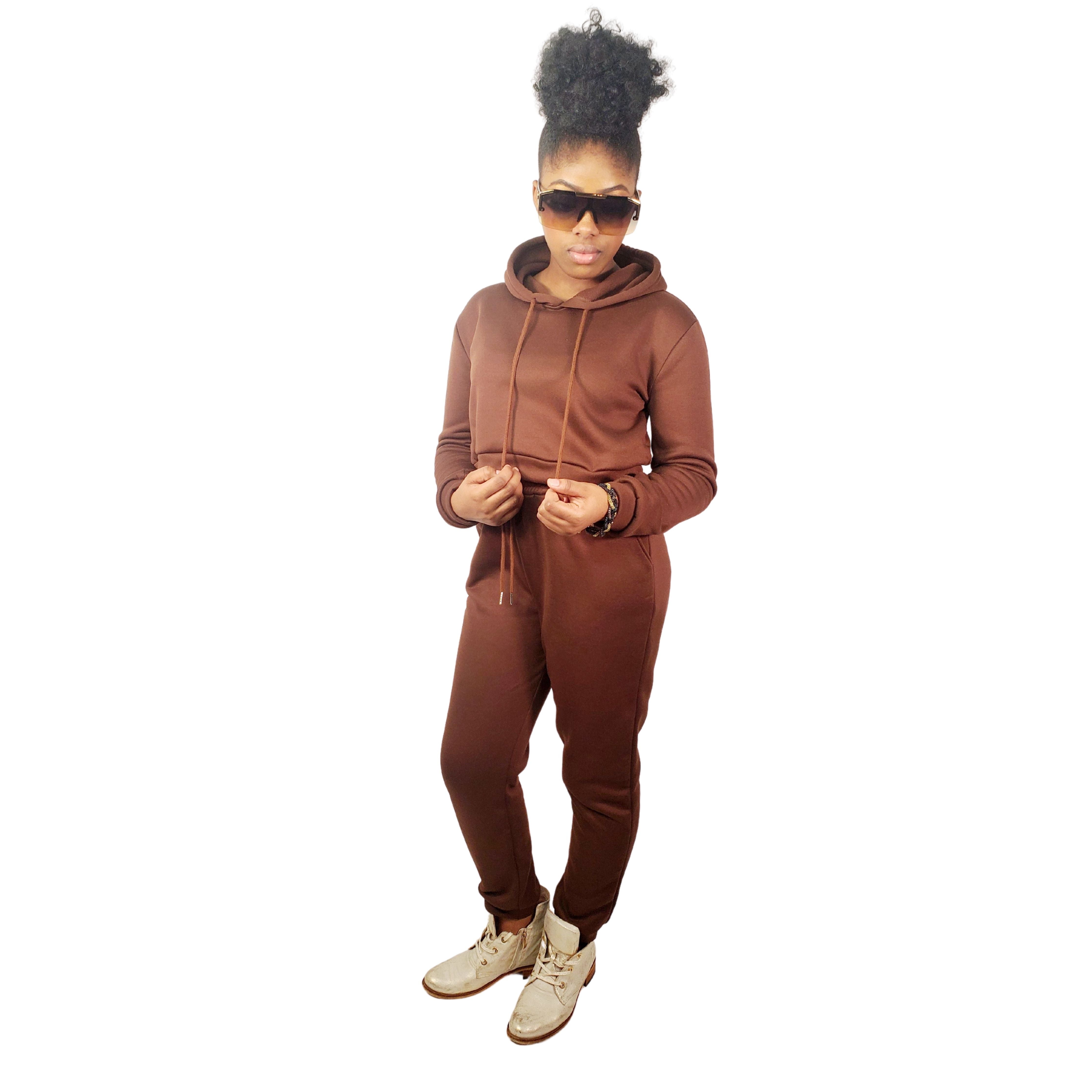 Brown Drawstrings Crop Hoodie & Sweatpants