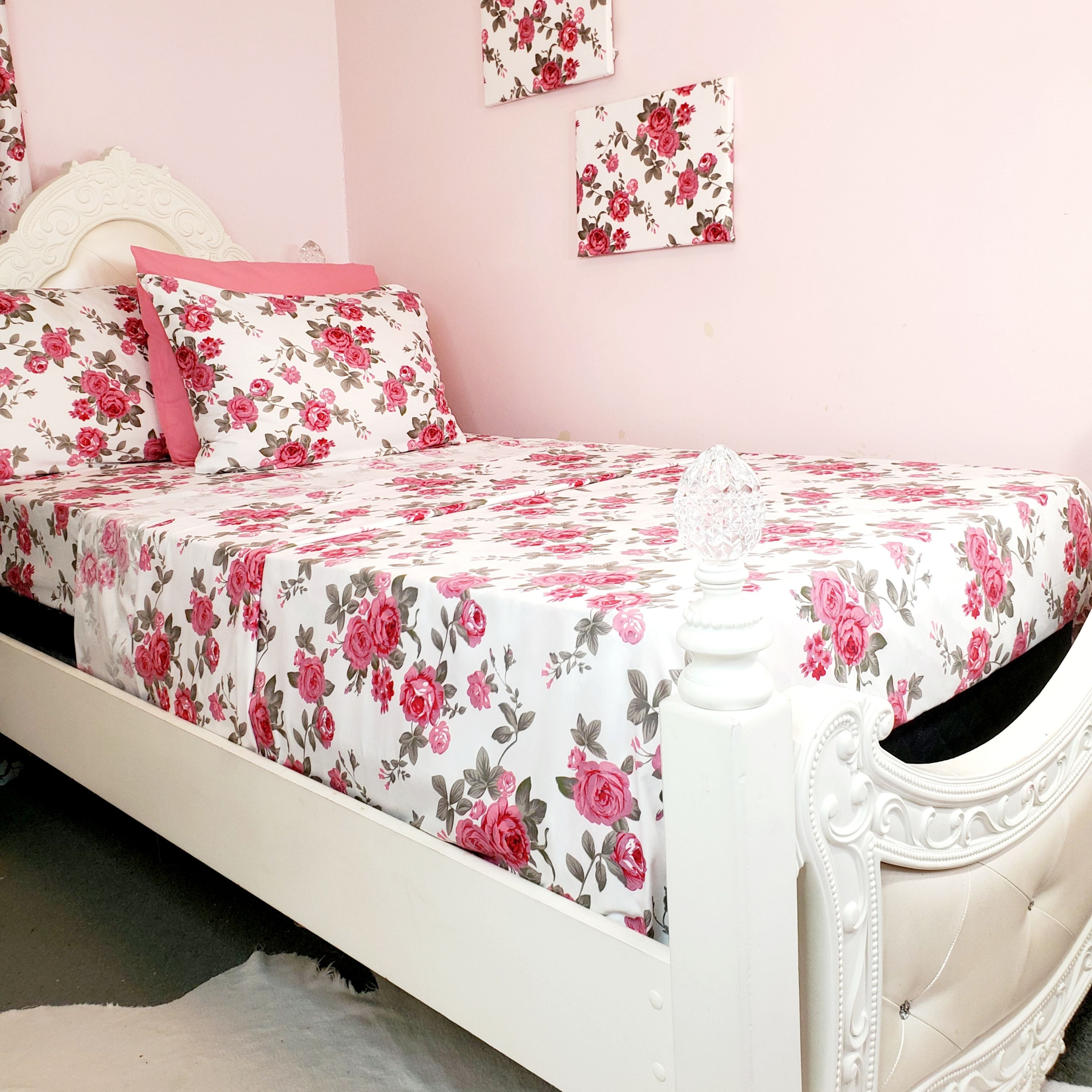 Pink Floral Print Twin Size Bedroom Set