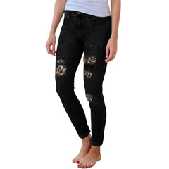 Leopard Print Patch Elastic Feet  Black Jeans - Samarlie