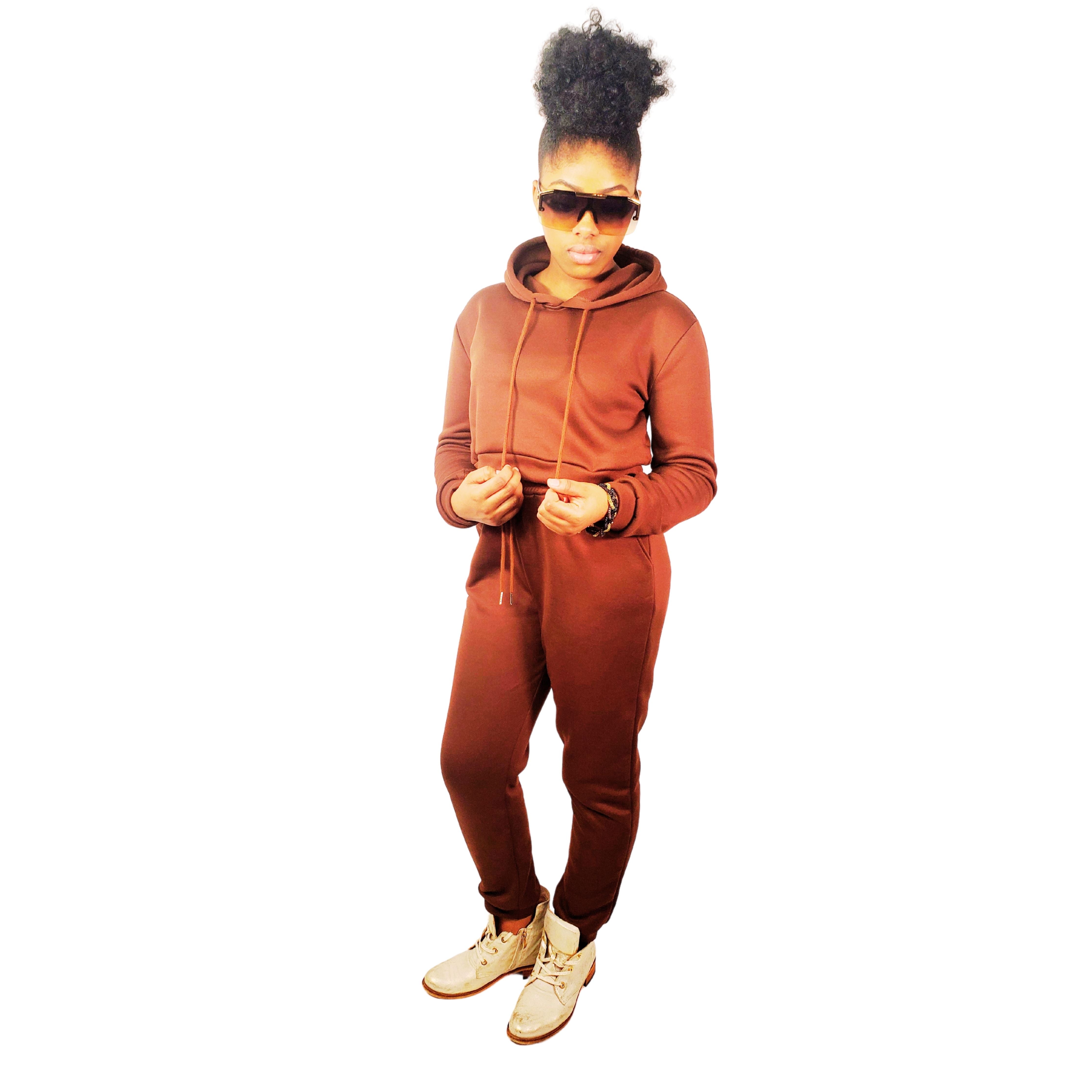 Brown Drawstrings Crop Hoodie & Sweatpants