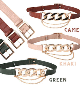 Fashion Link Gold Metal Chain Stitching Khaki Belt