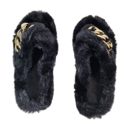 Black Metal Chain Cross Bands Plush Slippers