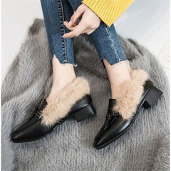 Fur shoes female 2021 spring new wild thick with velvet wind shoes square head shoes