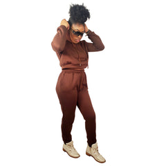 Brown Drawstrings Crop Hoodie & Sweatpants