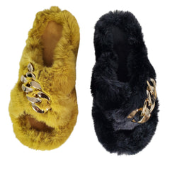 Yellow Metal Chain Cross Bands Plush Slippers