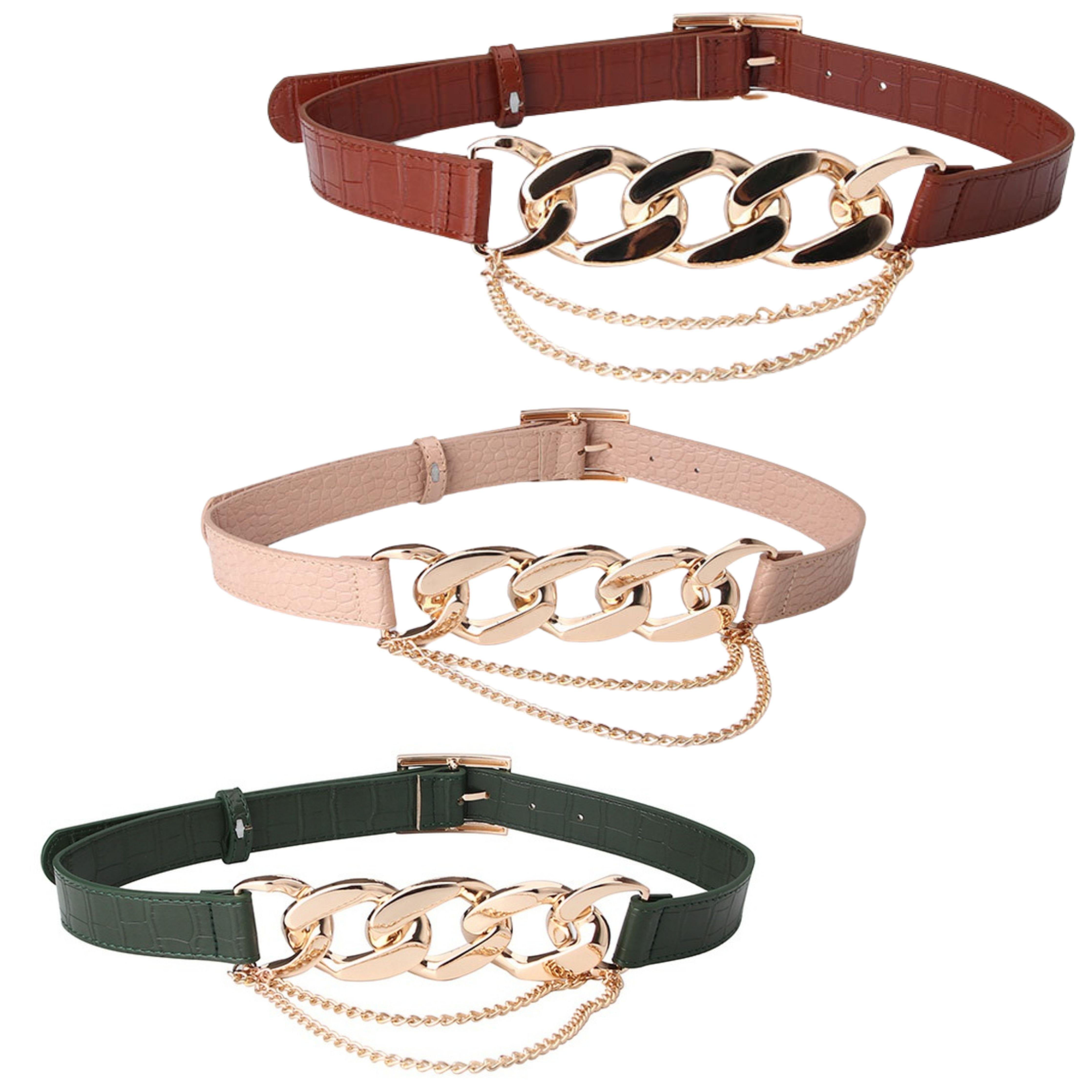 Fashion Link Gold Metal Chain Stitching Camel Belt - Samarlie