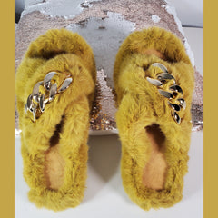 Yellow Metal Chain Cross Bands Plush Slippers