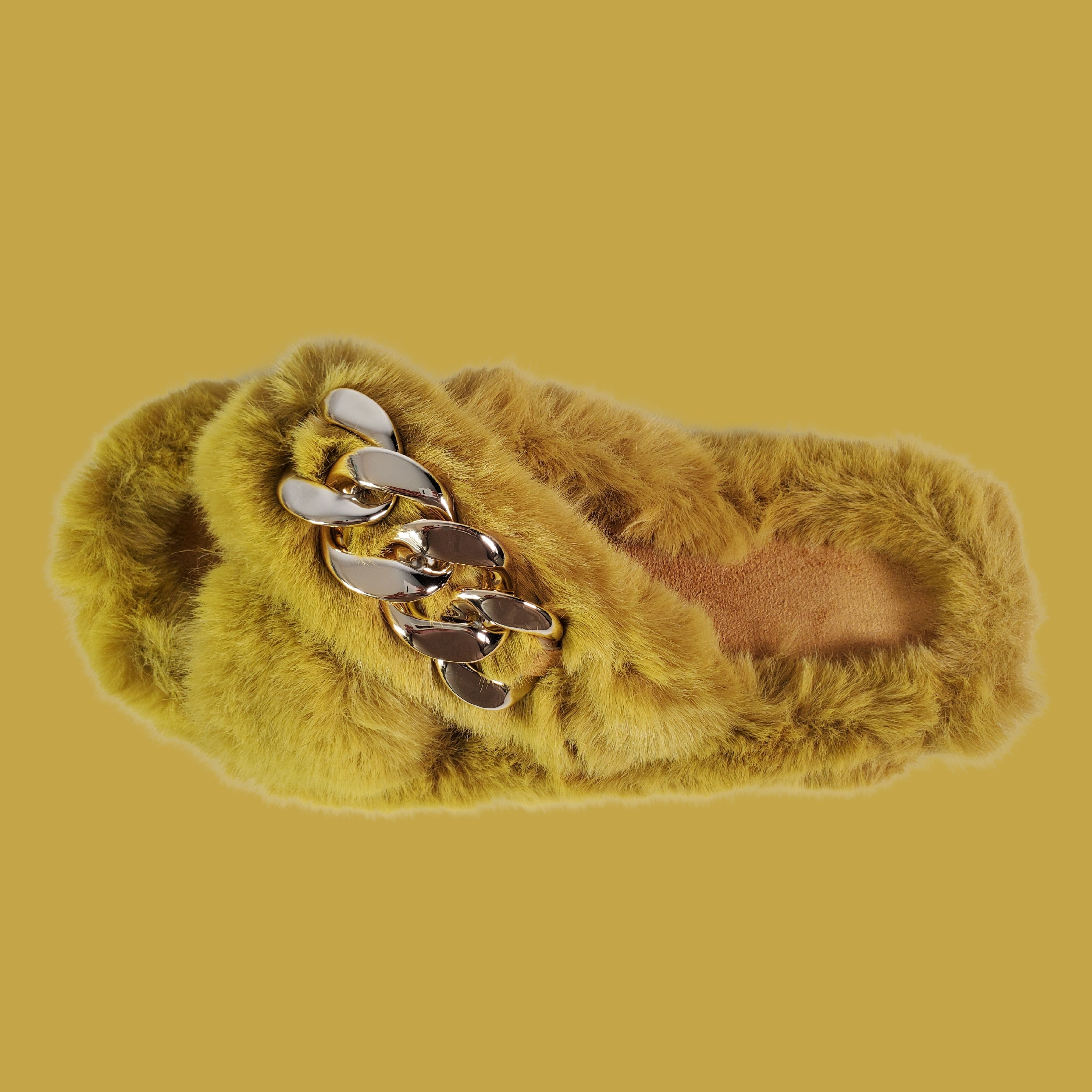 Yellow Metal Chain Cross Bands Plush Slippers