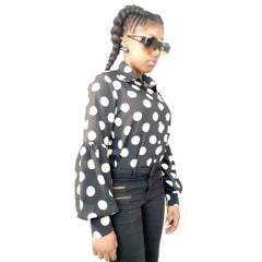 Black Large Polka Dots Button Down Blouse - Samarlie