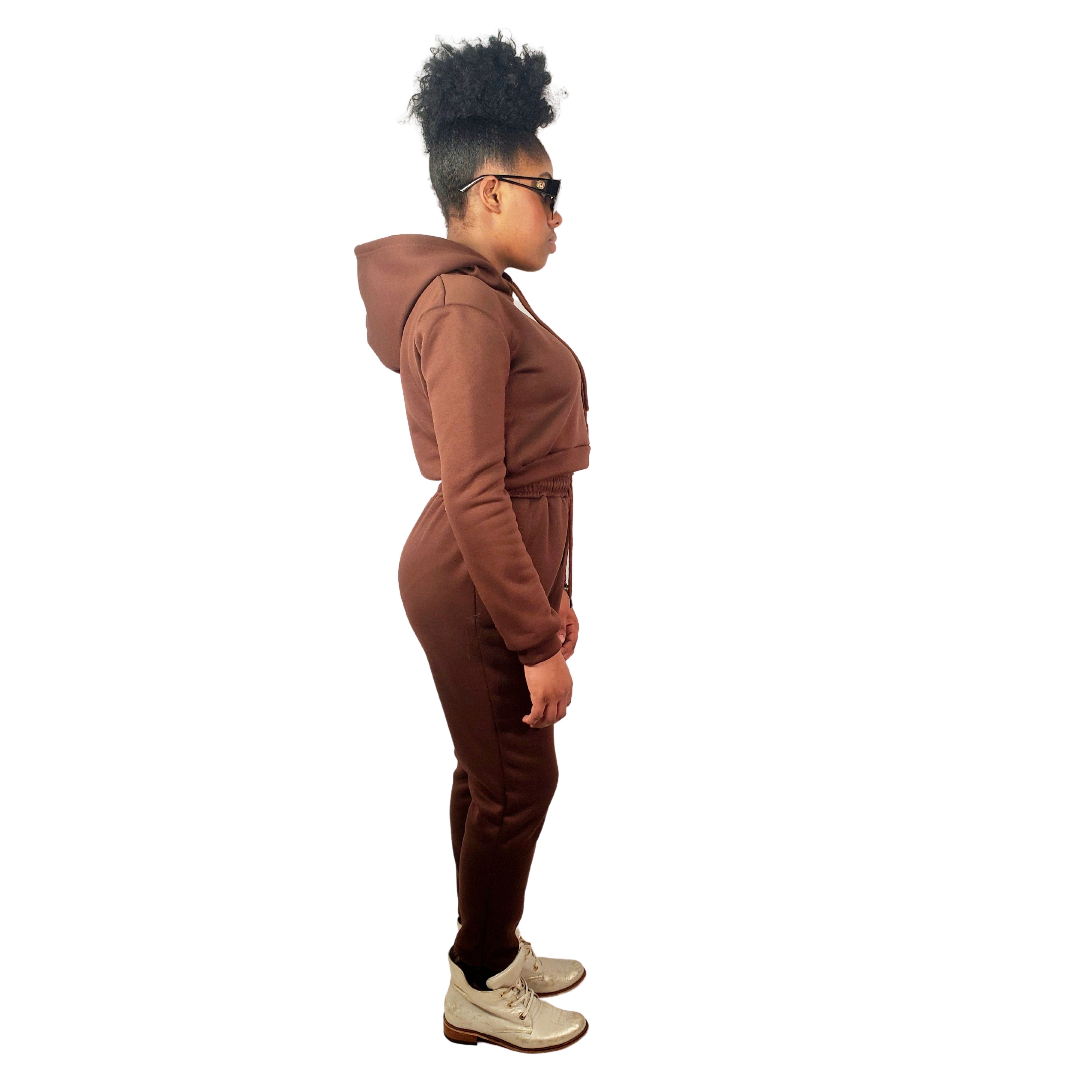 Brown Drawstrings Crop Hoodie & Sweatpants