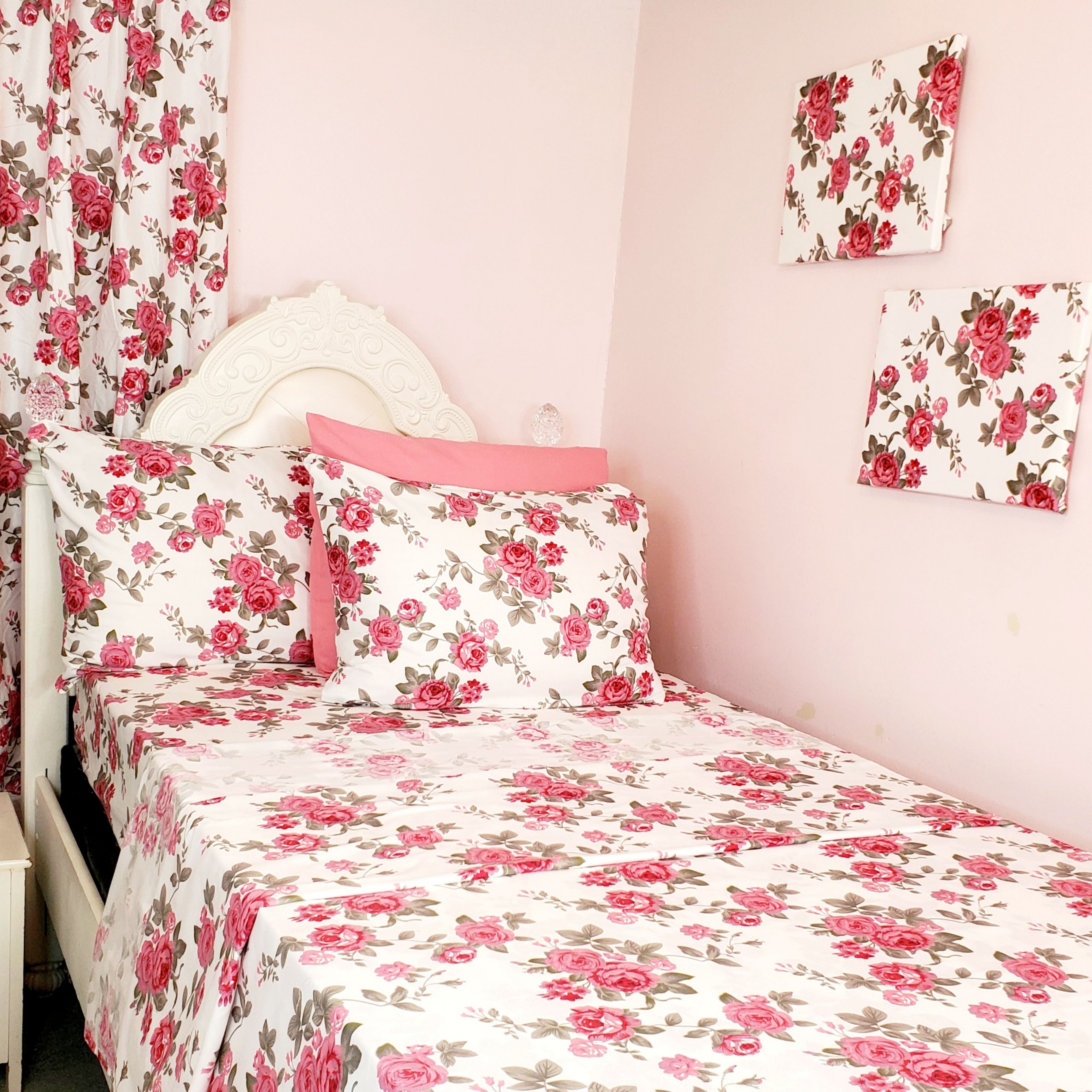 Pink Floral Print Twin Size Bedroom Set