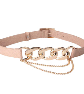 Fashion Link Gold Metal Chain Stitching Khaki Belt