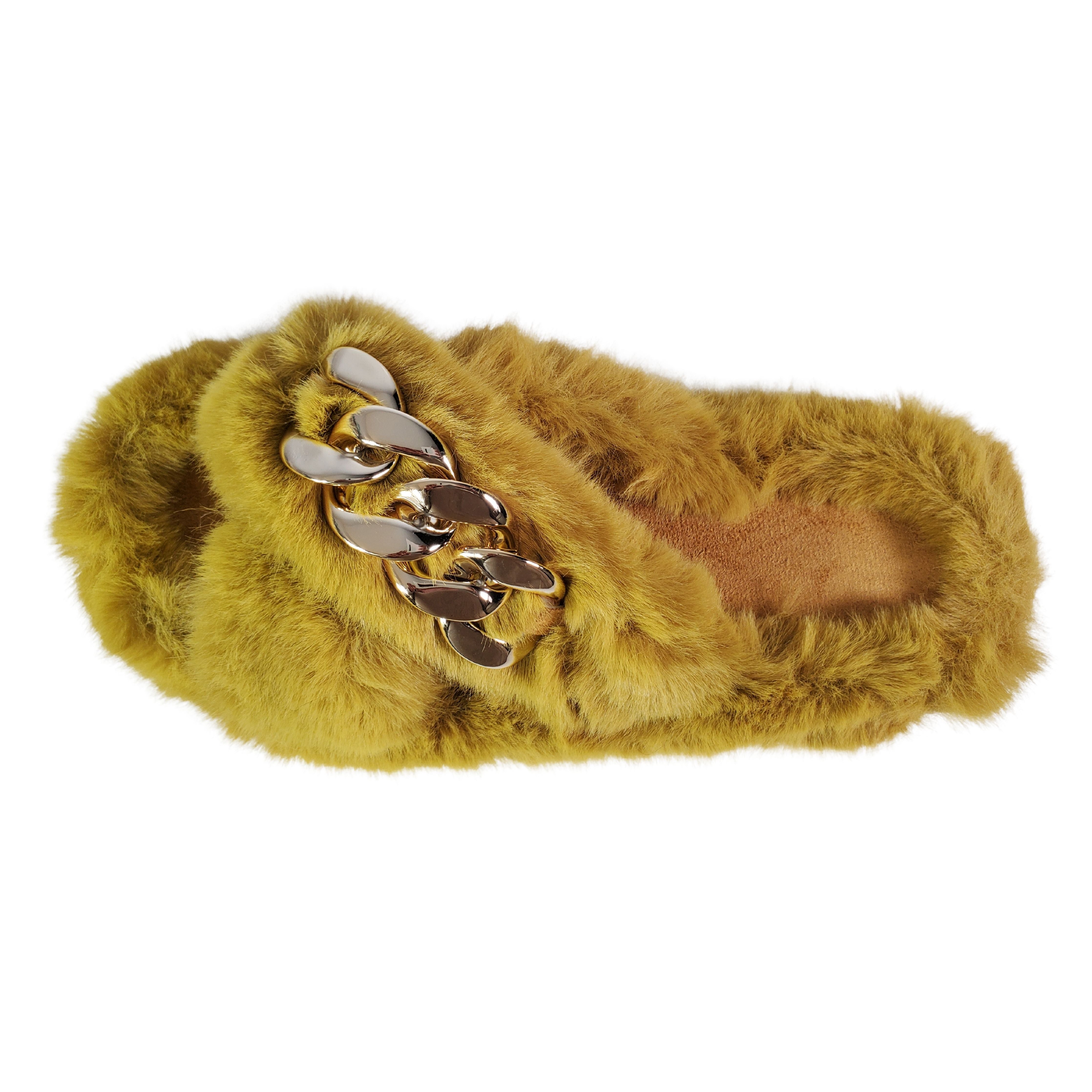 Yellow Metal Chain Cross Bands Plush Slippers