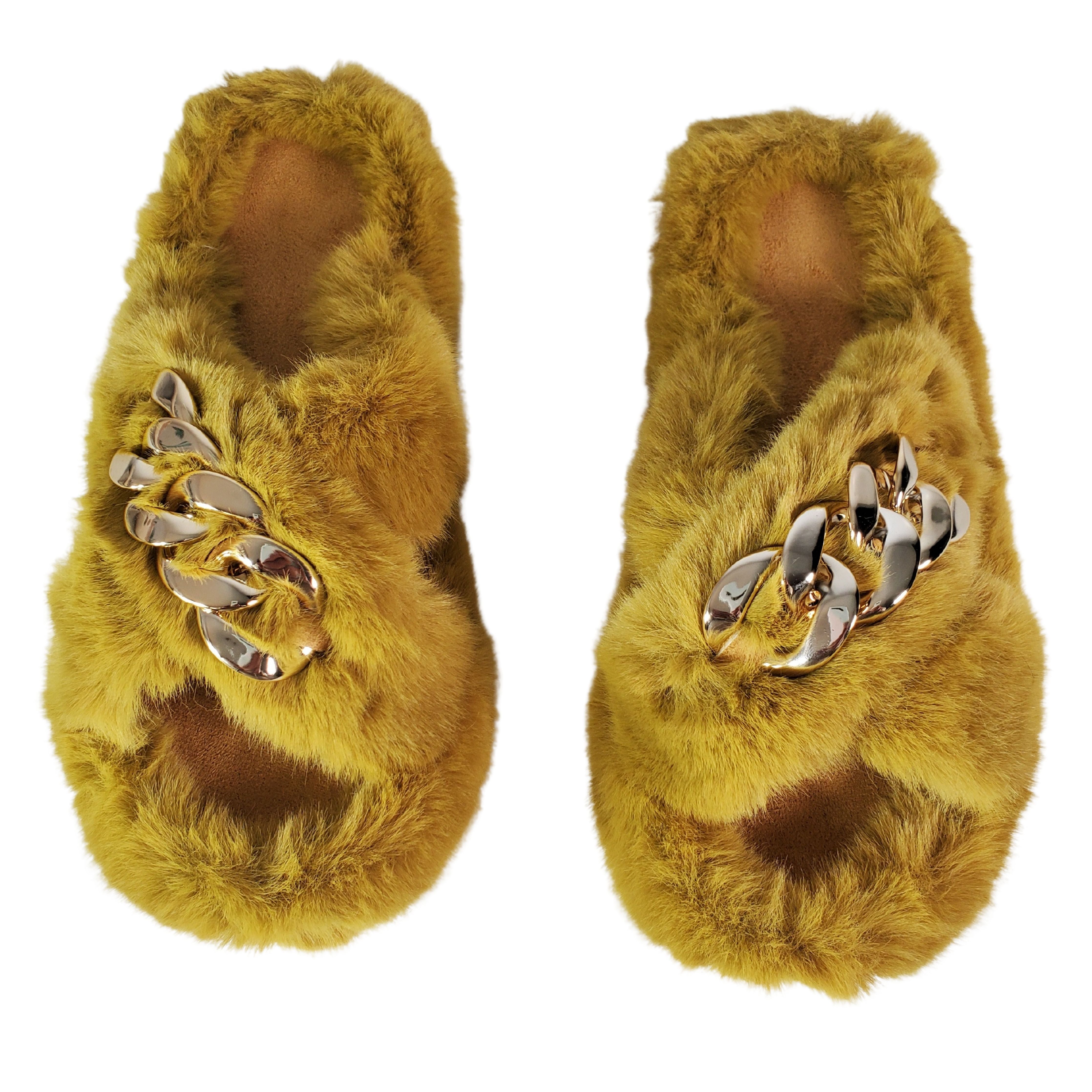 Yellow Metal Chain Cross Bands Plush Slippers