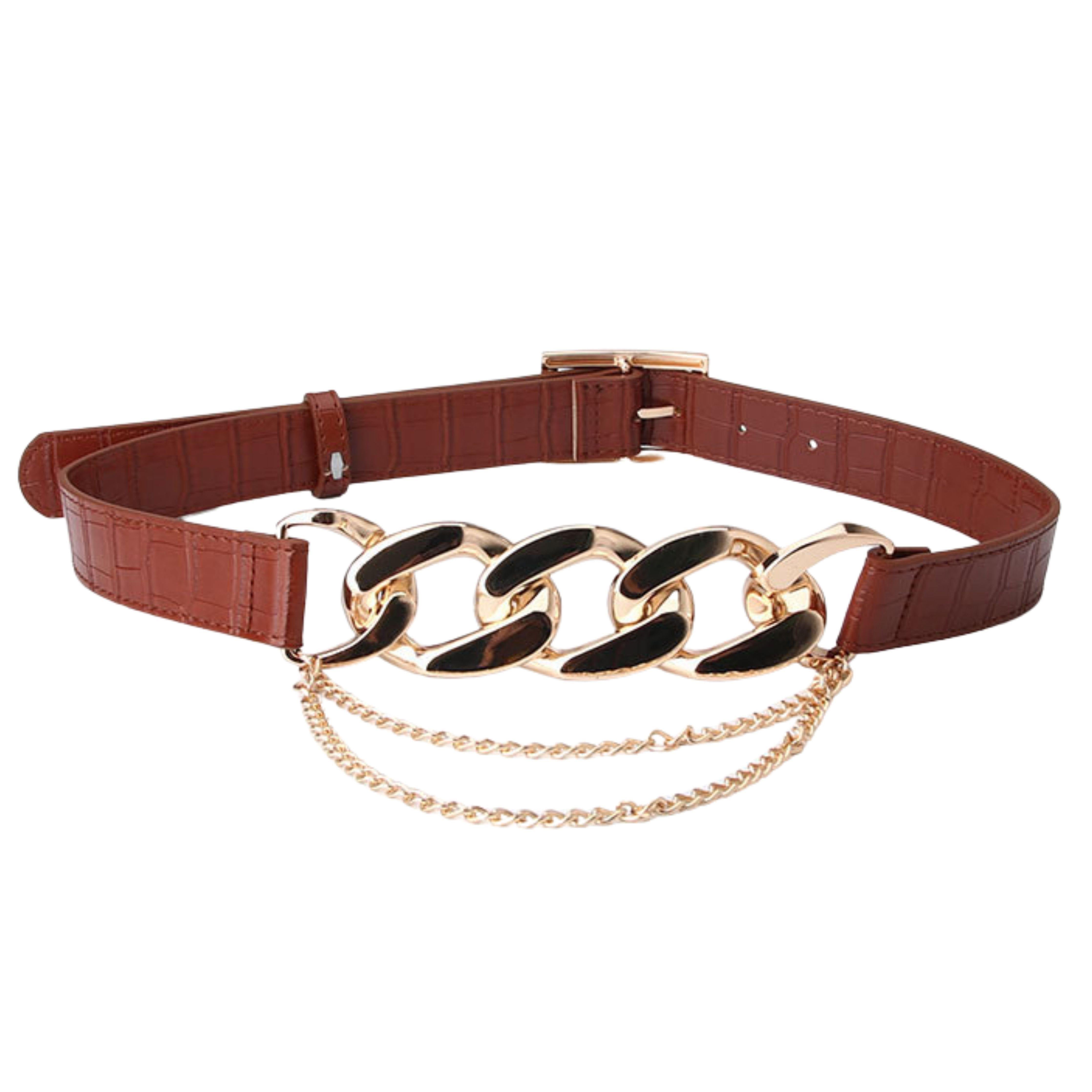 Fashion Link Gold Metal Chain Stitching Khaki Belt - Samarlie