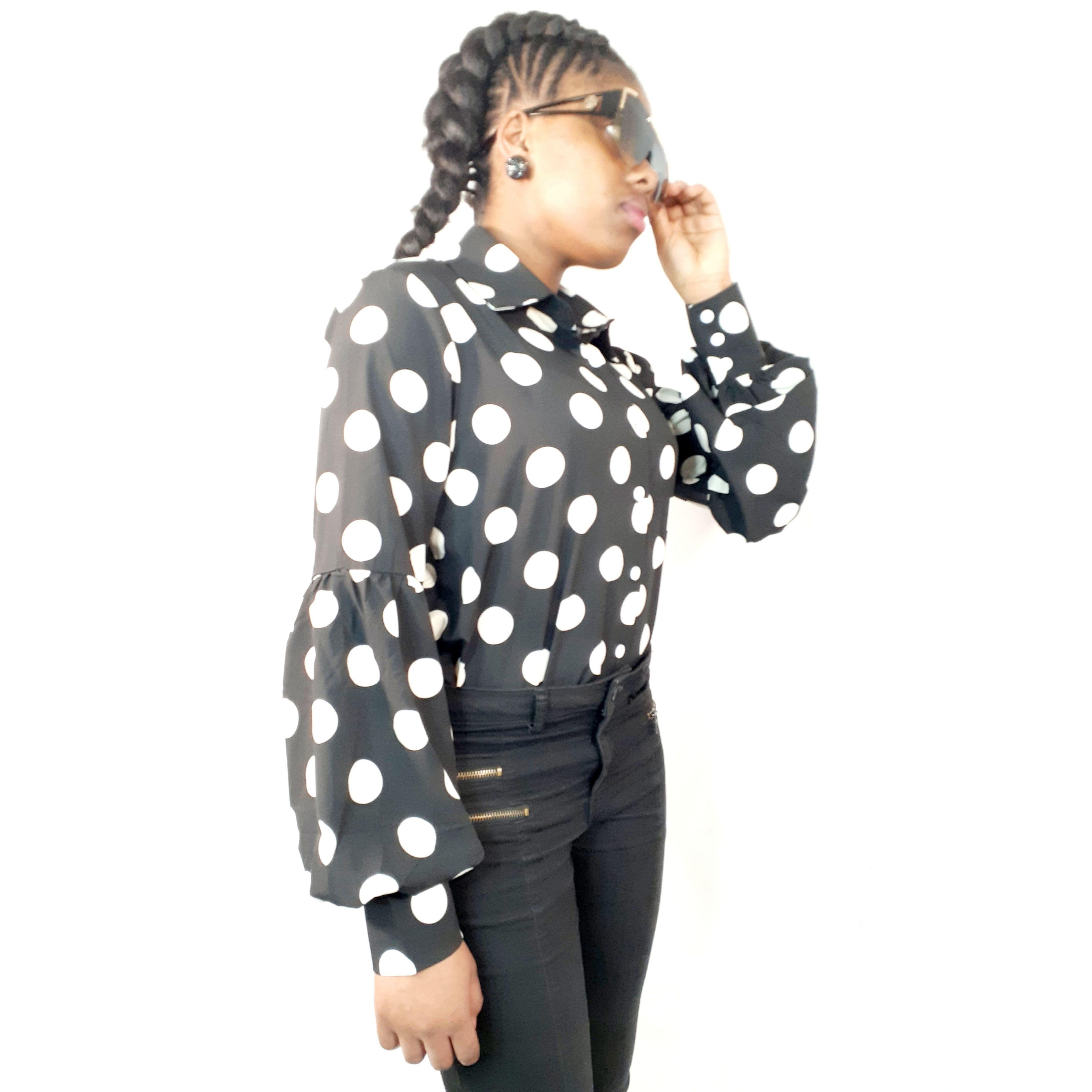 Black Large Polka Dots Button Down Blouse - Samarlie