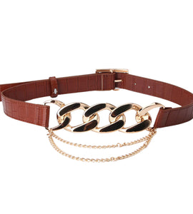 Fashion Link Gold Metal Chain Stitching Camel Belt