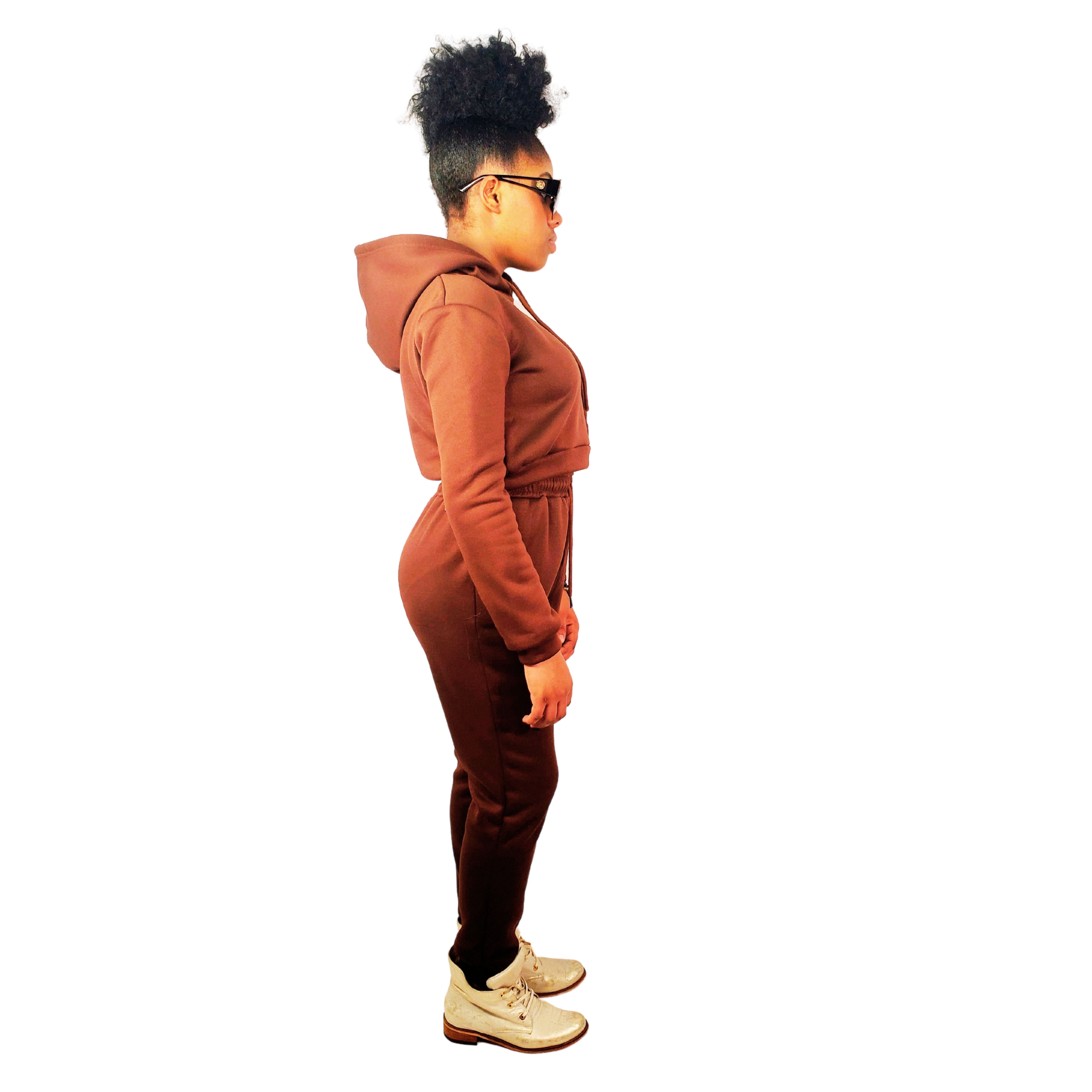 Brown Drawstrings Crop Hoodie & Sweatpants