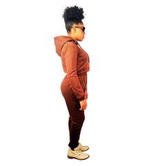 Brown Drawstrings Crop Hoodie & Sweatpants