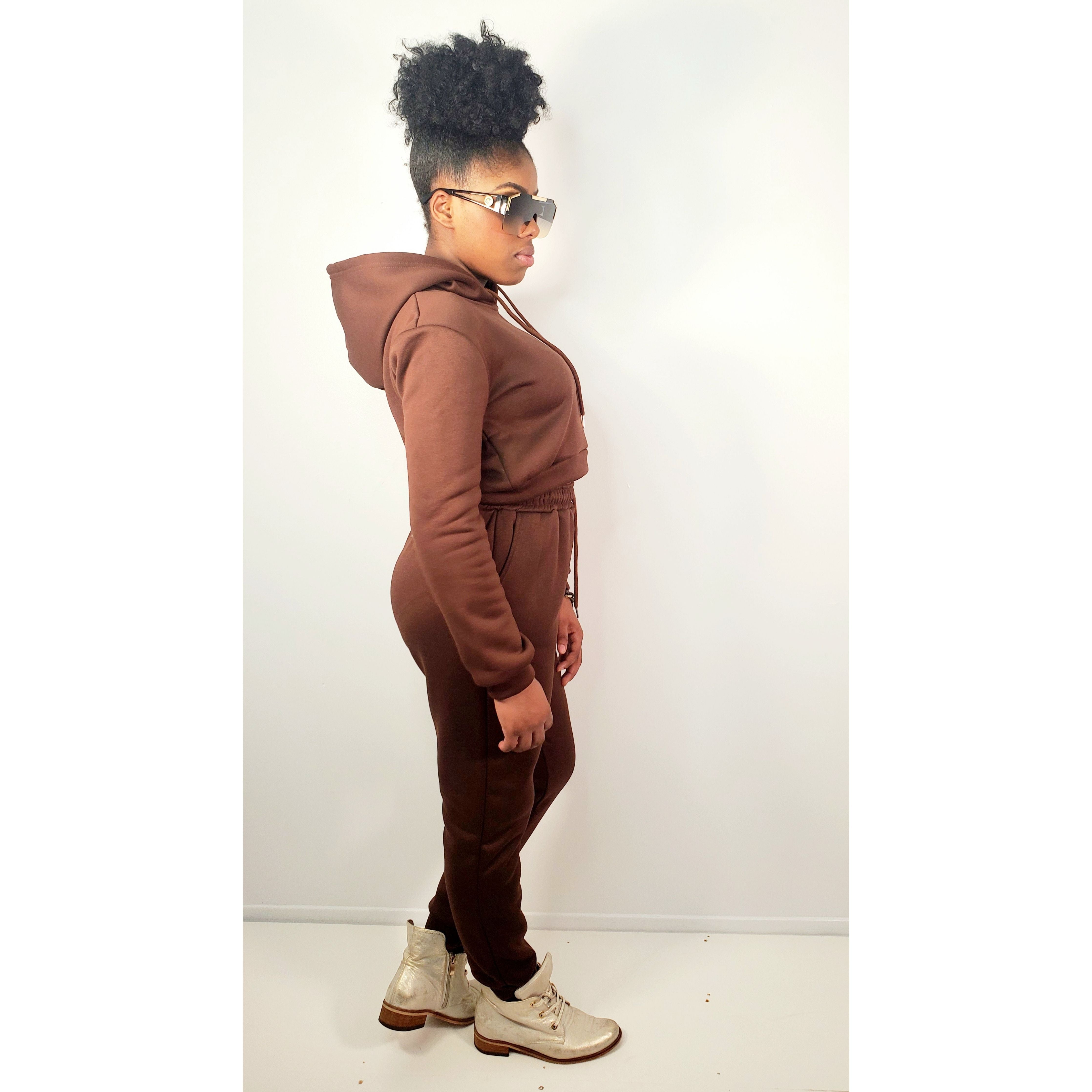 Brown Drawstrings Crop Hoodie & Sweatpants