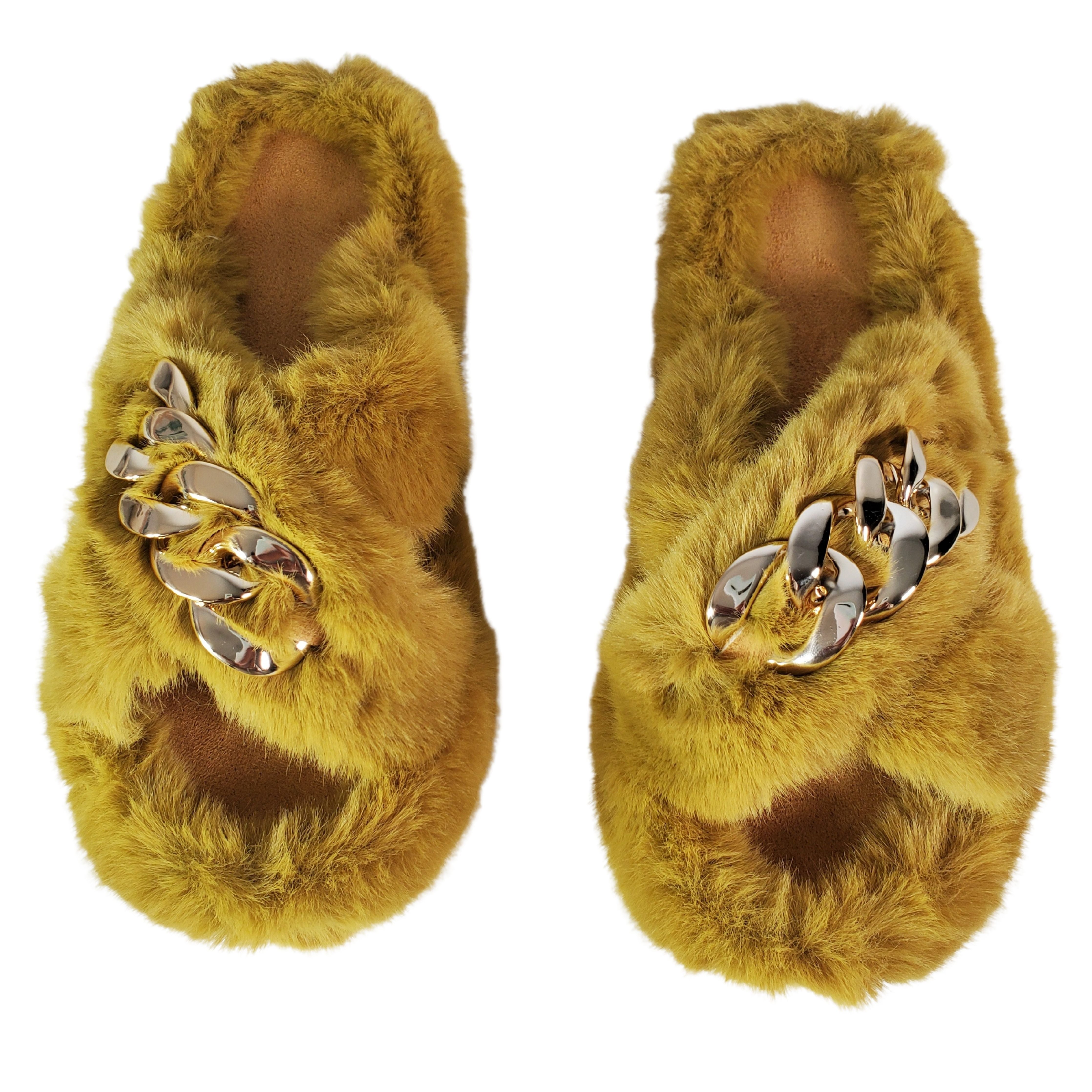 Yellow Metal Chain Cross Bands Plush Slippers