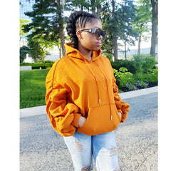 Ruffled Sleeve Drawstring Pumpkin Hoodie - Samarlie